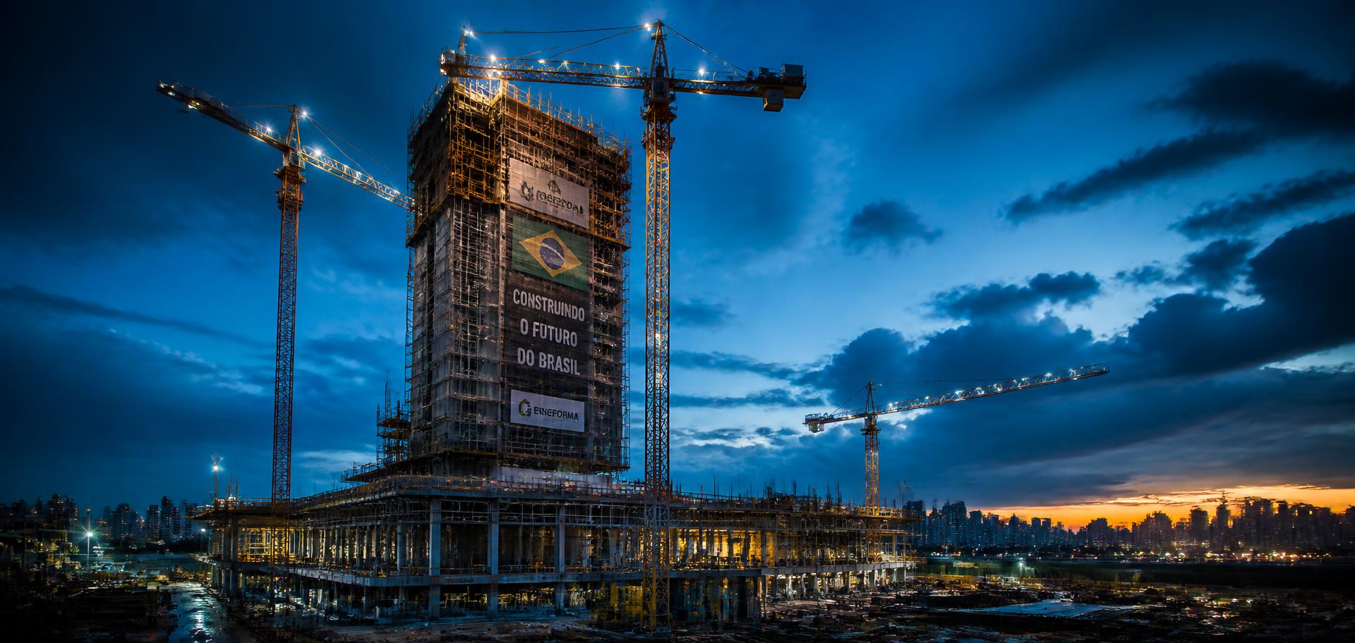 Canteiro de obras de um edifício em construção iluminado ao entardecer, com guindastes