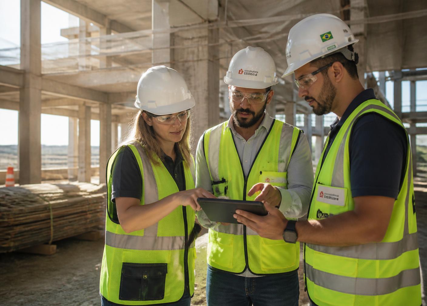Equipe de engenheiros brasileiros com capacete analisando o projeto em uma obra comercial
