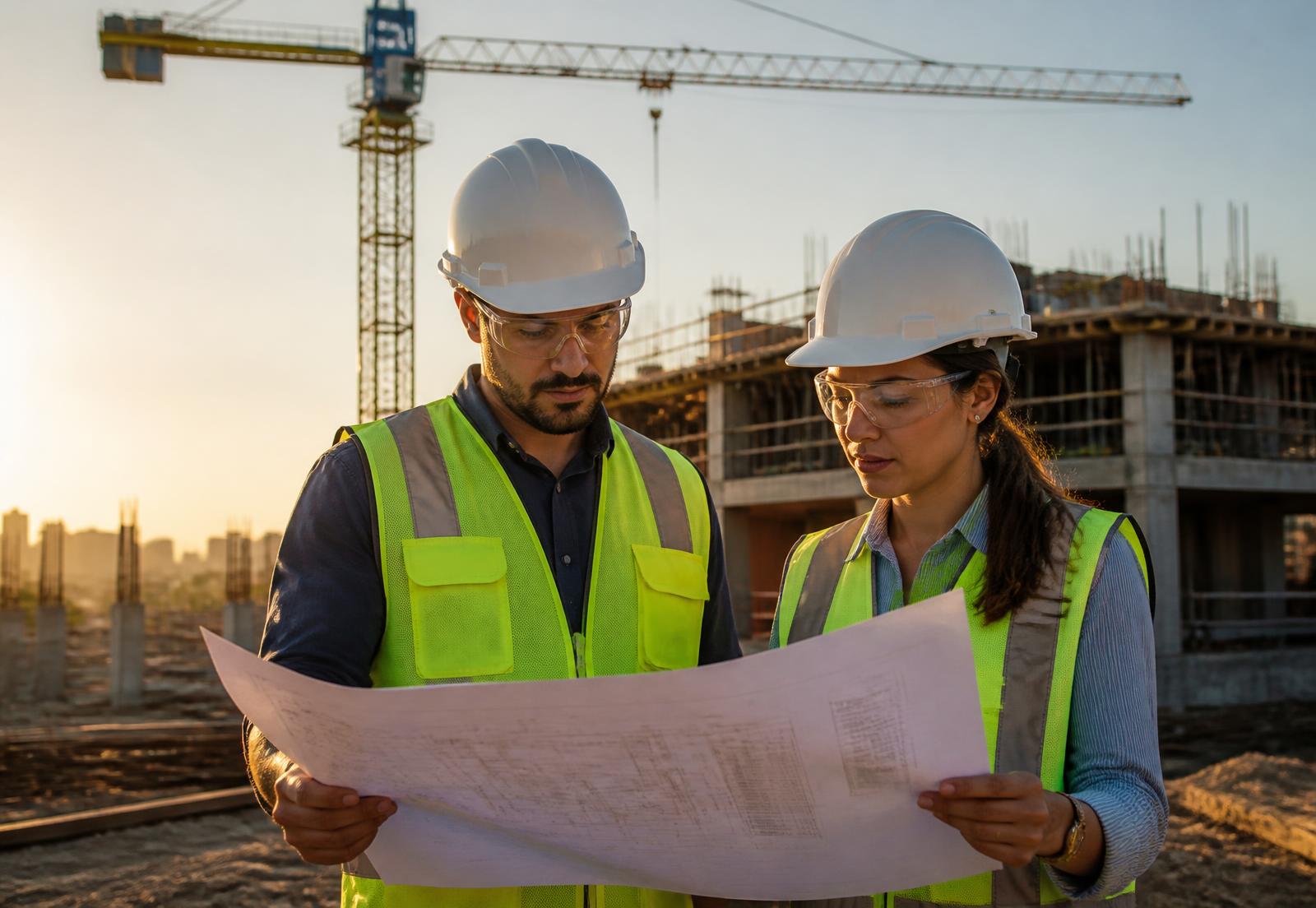 Engenheiro e engenheira brasileiros com capacete e colete analisando a planta em um canteiro de obras