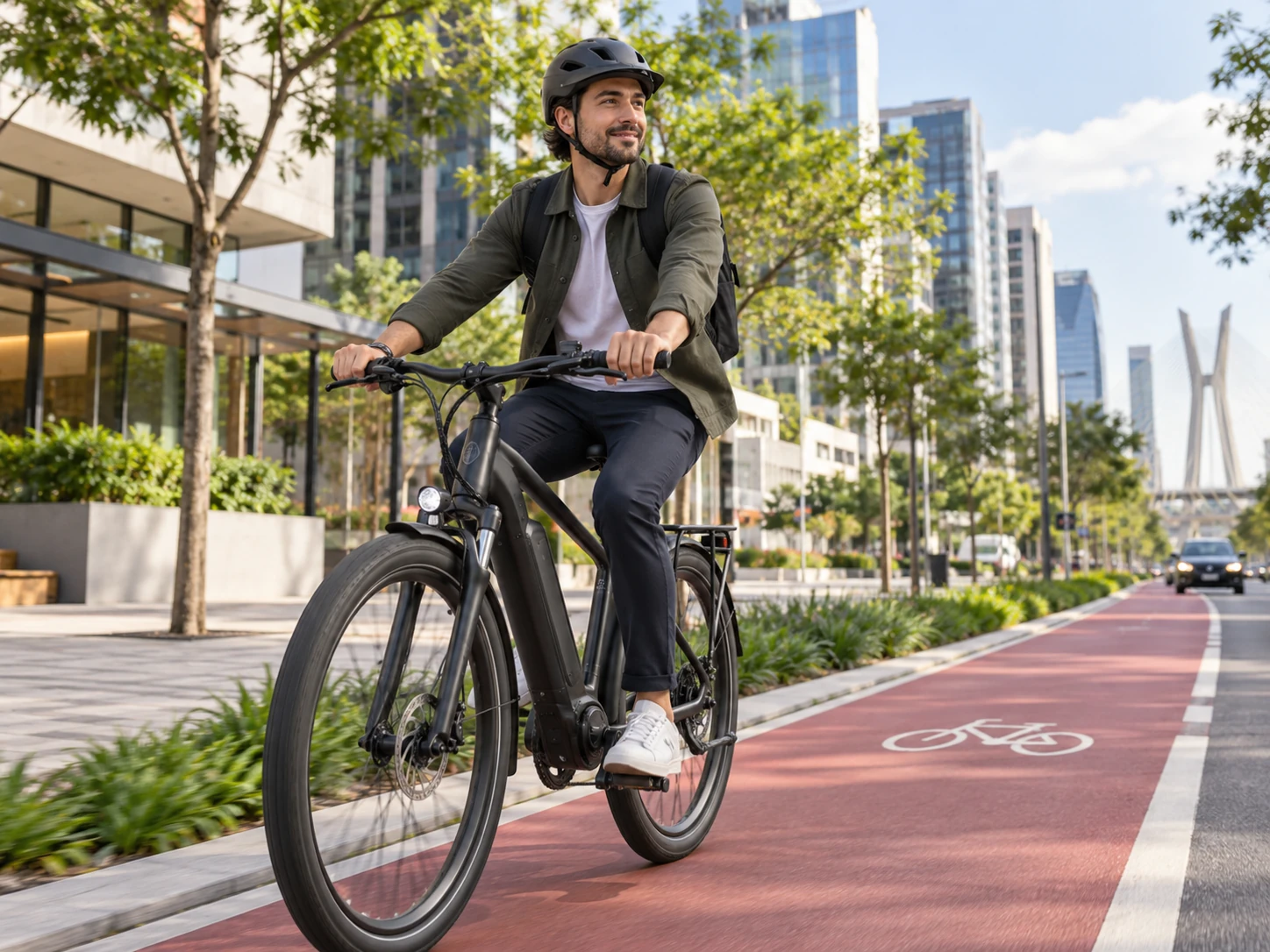 Pessoa pedalando bicicleta elétrica em ciclovia urbana moderna