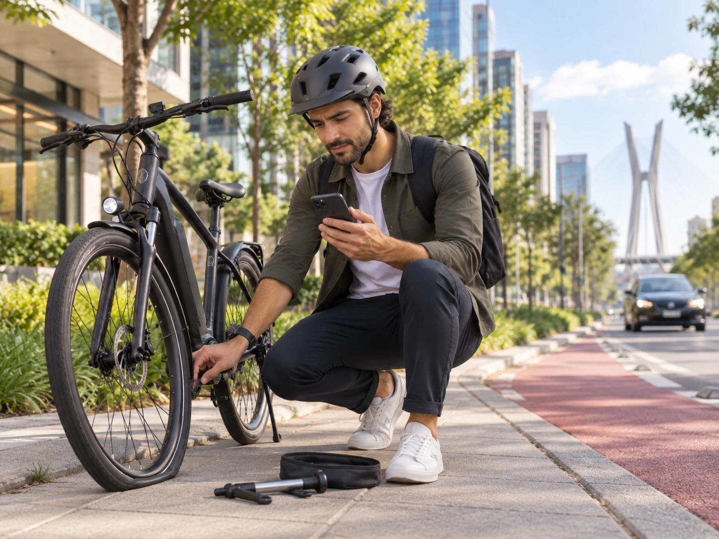 Ciclista verificando problema no pneu da bicicleta em ambiente urbano