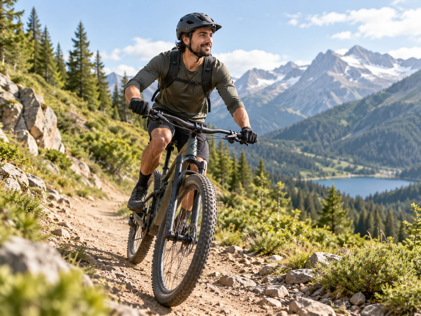 Ciclista de mountain bike em trilha de montanha
