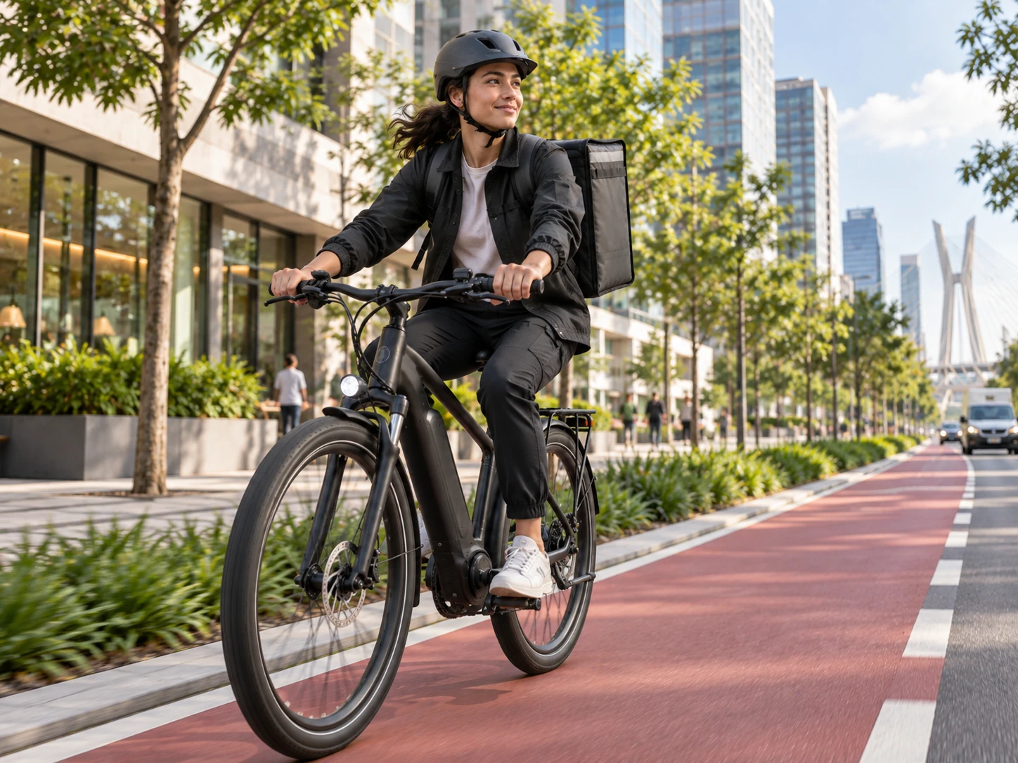 Mulher pedalando bicicleta elétrica na cidade em contexto de mobilidade e trabalho
