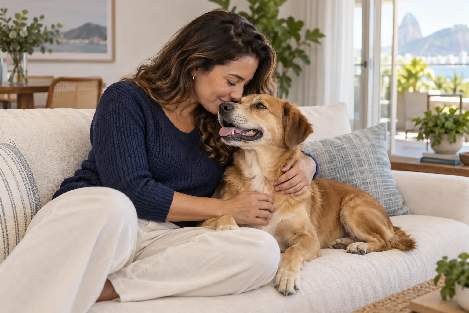 Tutora abraçando carinhosamente seu cachorro em casa