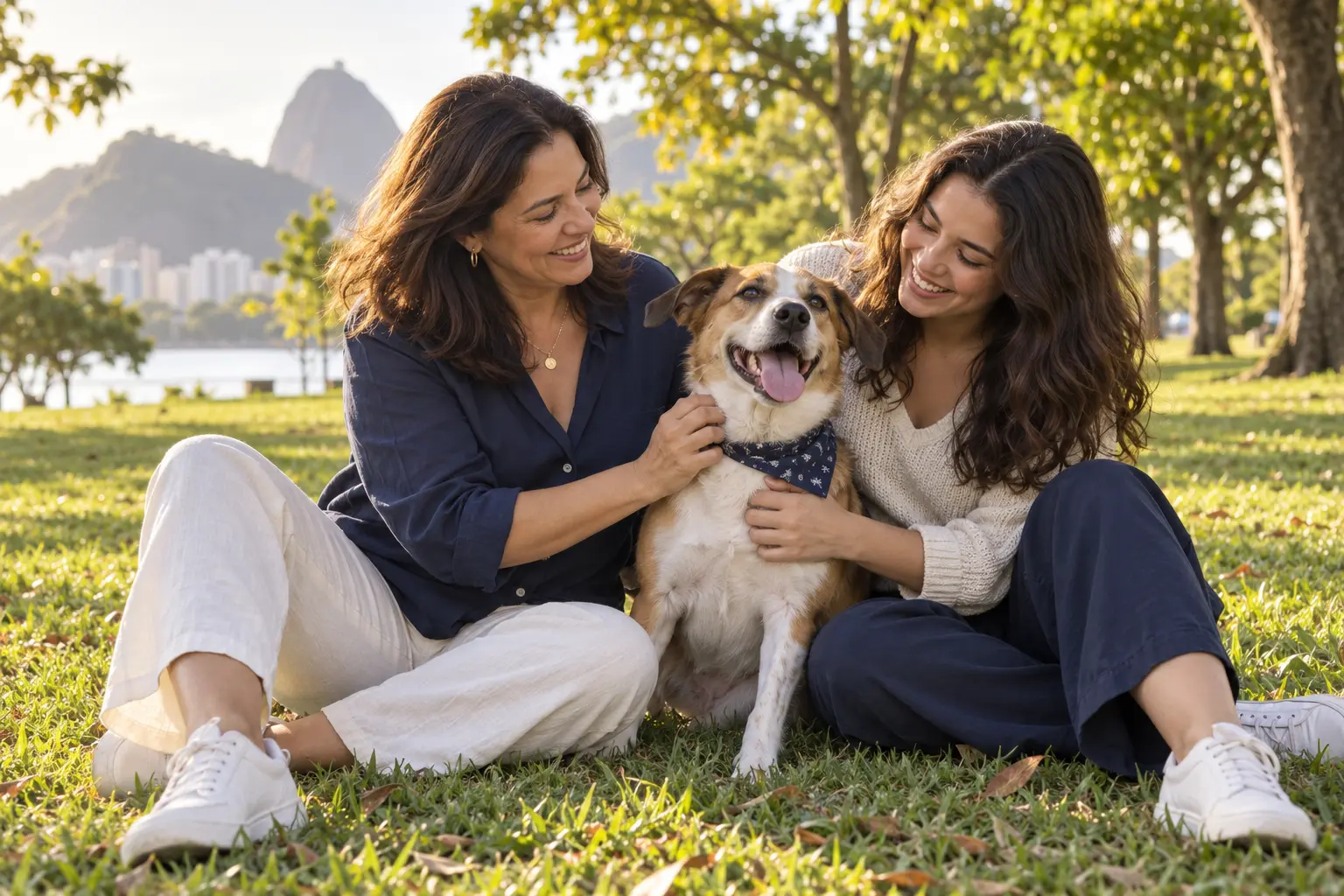 Família brincando e fazendo carinho no cachorro em um parque