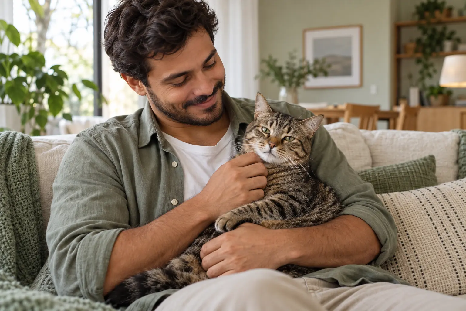 Tutor acolhendo seu gato no colo em um momento de carinho
