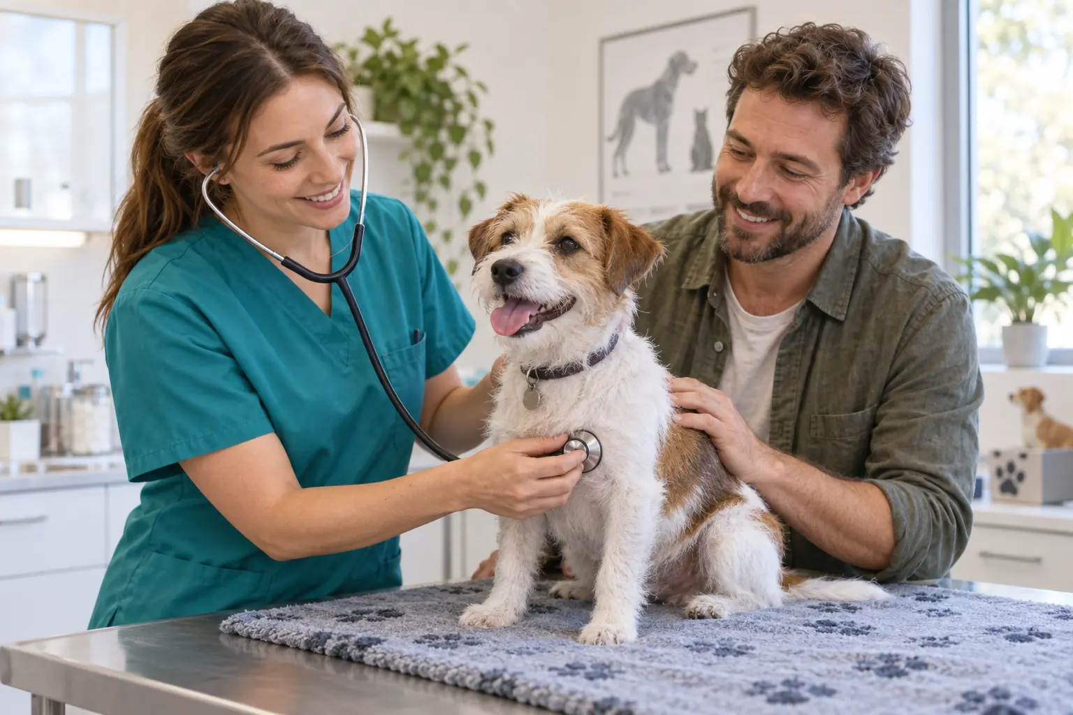 Veterinária examinando um cachorro com o tutor ao lado